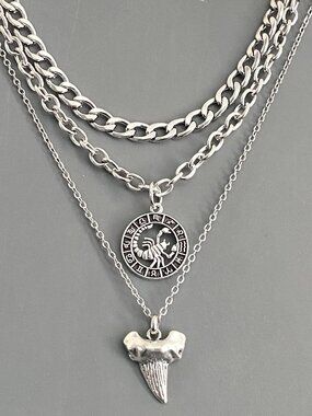 NEW, 3 pcs/set layered silver necklaces, SCORPION SHARK TOOYH edgy cool street
